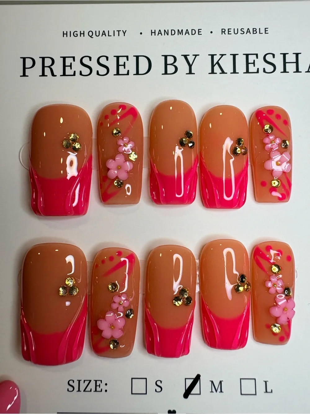 Pink French Tip Press-On Nails with Floral Accents